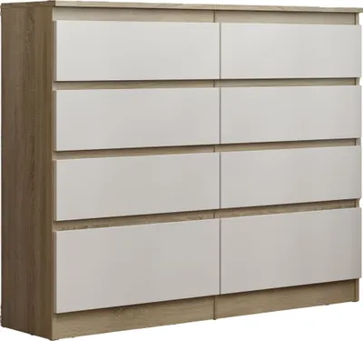 A dresser with eight drawers, two columns of four drawers each, with a wood-grain frame and white drawer fronts.