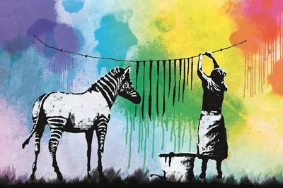 Obrázek produktu pro Banksy Obrázky Obraz na plátně na nosítkách rámu | XXL-nástěnný obraz plakát umění tisk jako plátno obraz - Zebra pruhy Washing Day (80 x 120 cm)