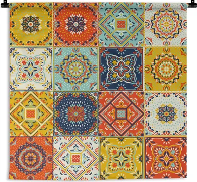 Produktbild von MuchoWow® Wandteppich Wandbehang Vintage - Blumen - Muster - Weiß - Orange 120x120 cm Tapisserie Dekoration Wandtuch - Modern - Baumwollgewebe