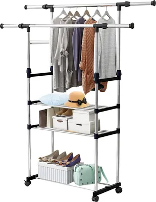 Produktbild von Kleiderständer, Großer Raum Kleiderstange, Double-Rail Kleiderständer Stabil, 3 Stock-Stabiler Kleiderständer, Ausziehbar Kleiderständer auf rollen