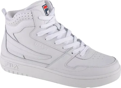 A white Fila high-top sneaker is shown against a white background.