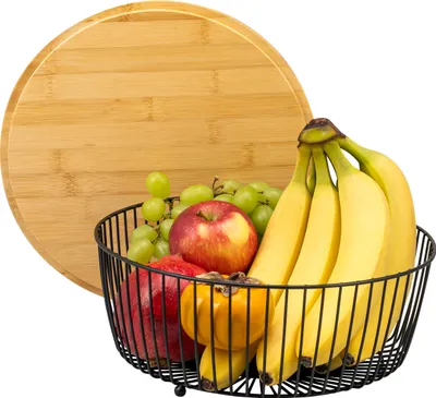 Produktbild von eluno Obstkorb - Brotkorb mit Bambusdeckel/ Schneidebrett, runde Obstschale aus schwarzem Metall