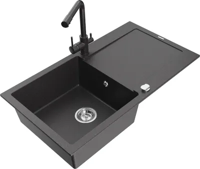 Produktbild von Mexen Leo 1 Becken-Granitspüle mit Abtropffläche und Mischbatterie Duero, Schwarz gesprenkelt - 6501-76-671600-76
