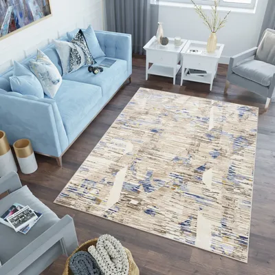 Produktbild von Teppich Wohnzimmer Schlafzimmer Kurzflor Modern Design Beige Gelb Blau Abstrakt Meliert 160 x 220 cm
