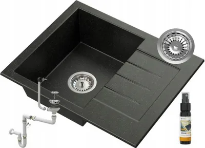 Obrázok produktu pre Granitan – granitový drez – kuchynský drez – 57 × 46 cm – čierny – so sifónom a odkvapkávačom – drez – MILANO