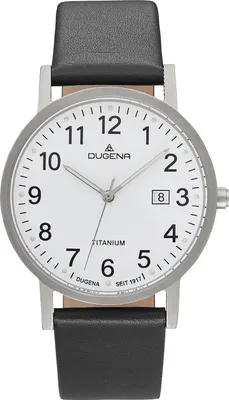 A close-up studio shot of a men's wristwatch with a white dial and a black leather strap.