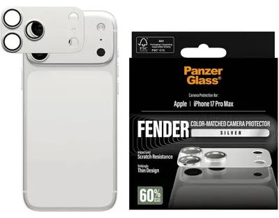 Zdjęcie produktu dla PanzerGlass ® Fender Camera Protector Silver iPhone 17 Pro Max, Apple, Apple - iPhone 17 Pro Max, Aplikacja na sucho, Odporny na zadrapania, Odporny na wstrząsy, Srebrny, 1 szt.