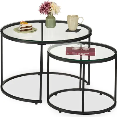 Immagine prodotto di Tavolini Relaxdays, set da 2, vetro e metallo, tavolini rotondi, da divano, tavolino da salotto, trasparente/nero