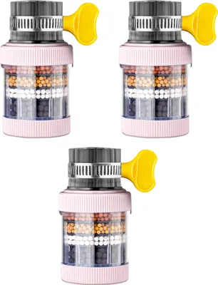 Three pink water faucet filters are displayed against a white background.