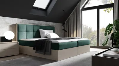 Productafbeelding van Boxspringbed THANOS, 200x200 cm, Scandinavische teaklook, groene stof, inclusief bedbodem