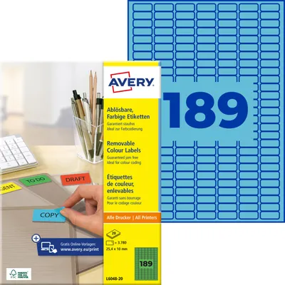 Produktbild von Avery Zweckform L6048-20, Farbige Etiketten, ablösbar, A4, 25,4 x 10 mm, 3.780 Etiketten / 20 Bögen, blau