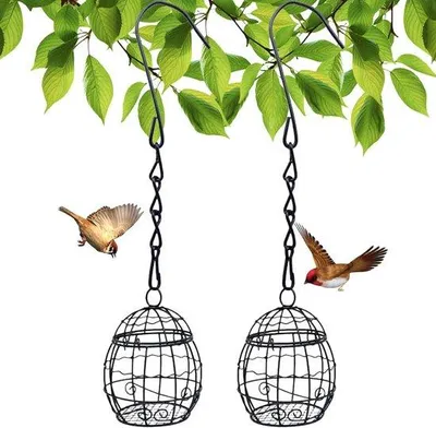 Image de Lot de 2 mangeoires pour oiseaux, en métal, avec crochets en S, noir, pour le jardin, pour les oiseaux sauvages.