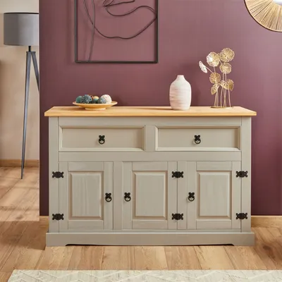 Produktbild von Sideboard TEQUILA Kommode mit 3 Türen 2 Schubladen,  Schubladenschrank massiver Kiefer grau/braun Buffetschrank Geschirrschrank