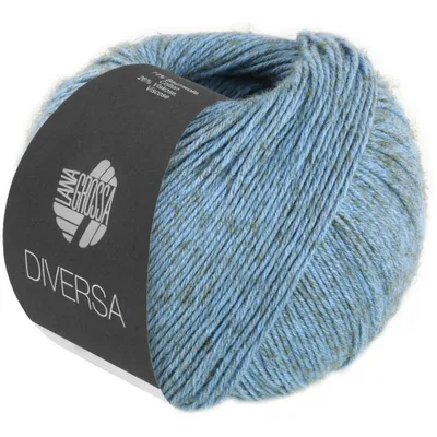 A ball of blue yarn with green flecks, with a black label wrapped around it.