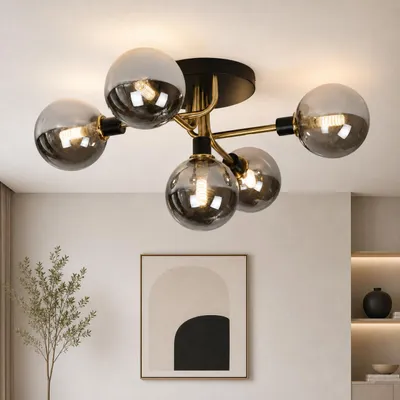 Image de ZMH Plafonnier 5 flammes avec boule en verre gris Plafonnier blanc chaud Douille G9 Lampe d'intérieur Couronne pour chambre à coucher Salon, Image générée par une IA