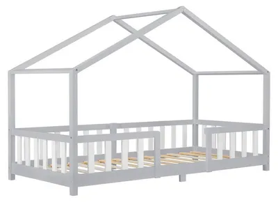 Image de Lit pour enfant 90x200 cm - Bois massif en pin, couleur gris clair, avec barrière de sécurité