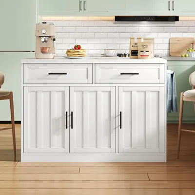Imagen del producto de Isla de cocina de 120x60x91 cm con enchufes y puertos USB, zona de barra y encimera con aspecto de mármol blanco