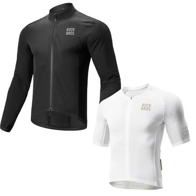 Productafbeelding van ROCKBROS winddichte jas, zwart, met kortärmig fietsshirt, wit, voor heren. Ademend, geschikt voor racefietsen en mountainbikes. EU-maat XL