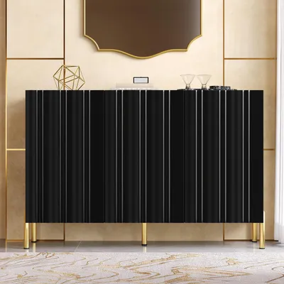 Produktbild von STILVORA Sideboard mit 3 Türen und verstellbaren Böden, Schuhschrank mit vertikaler Rillenprägung, Aufbewahrungsschrank mit goldenen Metallfüßen