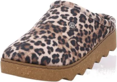 A single leopard-print slipper with a thick sole is shown from the side against a white background.
