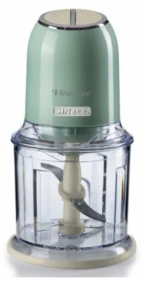 A vintage-style electric food chopper with a green body and transparent container, shown against a white background.