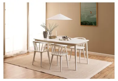 Produktbild von Monty Ausziehbarer Esstisch für 6 Personen, Rechteckige Tischplatte in Weiß mit Runden Beinen, Küchentisch mit Ausziehplatte, B: 180 x H: 75 x T: 90 cm