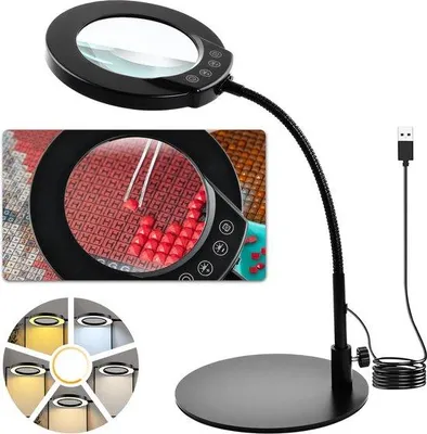 Produktbild von Unyqoos® LED-Lupenleuchte (dimmbar) – 10× Vergrößerung, 4,3" Dioptrien-Glaslinse, 5 Lichtmodi & 5–100% Helligkeit, 360° Zwanenhals, Metall-Standfuß