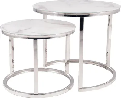 Two nesting round tables with white marble tops and chrome bases against a white background.
