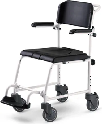 Produktbild von Dusch- und Toilettenrollstuhl McWet, 5 Zoll Schwenkräder, weiß-schwarz>>>>