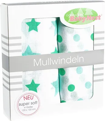 Produktbild von Odenwälder 10085-516 Doppelmull Windeln 2er Box Sterne/Tupfen applemint