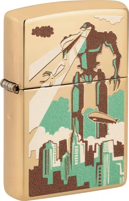 Immagine prodotto di Accendino Zippo Robot in citta ottone lucido oro antivento ricaricabile