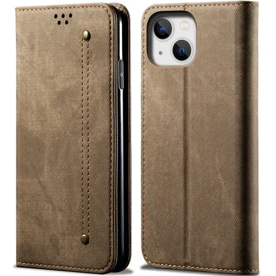 Obrázek produktu pro Pouzdro pro iPhone 15, Kožené Peněženkové Pouzdro s Magnetickým Uzavíráním a Stojánkem Khaki