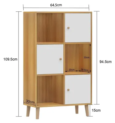 Obrázok produktu pre Polica na knihy, stojaca, kocková, 6 priehradiek, 3 dvierka, biela, drevo, 64,5 x 30 x 109,5 cm
