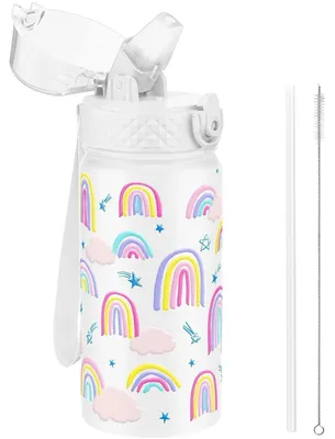 Produktbild von Trinkflasche Kinder 420ml Edelstahl mit Strohhalm auslaufsicher BPA-frei Weißer Regenbogen