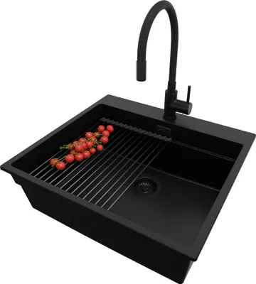 Produktbild von PRIMAGRAN Granitspüle Alles Schwarz 58x53cm, Spülbecken 1 Becken + Ablauf-Set + Küchenzubehörset, Küchenspüle ab 60er Unterschrank - Oslo Max