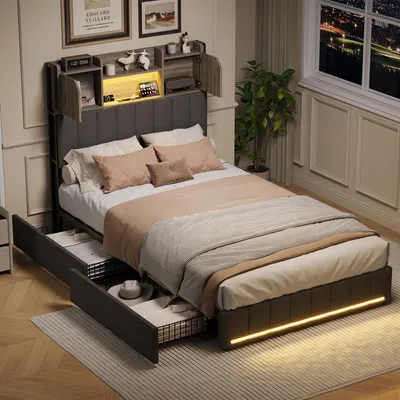 Immagine prodotto di Letto singolo UnboxG 90x200 cm con LED e USB, 2 cassetti, contenitore per testiera, letto contenitore in tessuto di lino grigio