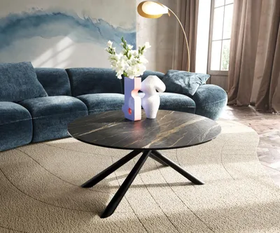 Produktbild von DELIFE Couchtisch Edge Rund 90x90 cm Keramik Laminam® Noir Desir Braun Sarity Metall Schwarz