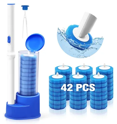 Image de Brosse de toilette jetable avec support et 42 recharges - Bleu