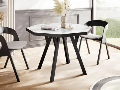 Produktbild von Runder Ausziehbarer Esstisch Desmond mit Schwarzen Holzbeinen – Erweiterbar bis 150 cm, Ideal für 4 bis 8 Personen - Loft-Stil Tisch in Weißer Marmoroptik für Esszimmer - Marmor Weiß