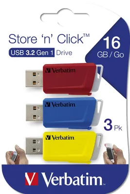 Obrázok produktu pre Verbatim Store ‘n’ Click, 16 GB, USB Typ-A, 3.2 Gen 1 (3.1 Gen 1), 80 MB/s, Klzné, Modrá, Červená, Žltá