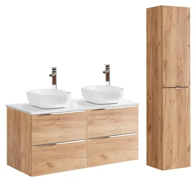 Produktbild von Doppelwaschtisch und Hängesäule 120.4cm April mit 4 Schubladen, Holzoptik