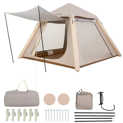 Image de Tente de camping gonflable COSTWAY pour 2 à 4 personnes – Tente gonflable avec auvent amovible, fenêtres en filet, 2 portes et pompe à air – Tente dôme familiale 230 x 230 x 163 cm
