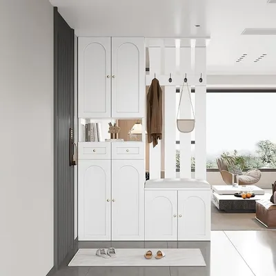 Image de Meuble d'entrée, armoire, ensemble d'entrée avec banc, meuble à chaussures, 2 tiroirs, 4 crochets et 6 portes, portant à manteaux pour entrée, 110 x 37 x 180 cm, blanc