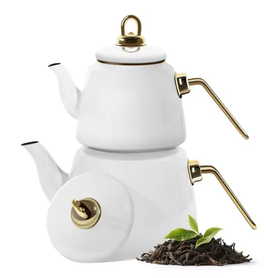 Produktbild von Homelux Teekanne Set, Wasserkessel Induktion Teekocher aus Emaille, Induktionsgeeignet, 2L+1L, Türkische teekanne, Caydanlik,Weiß