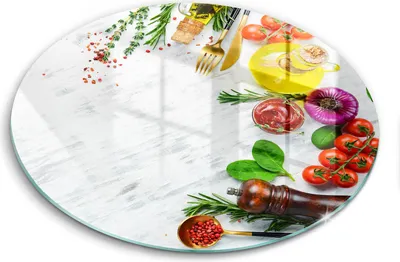 Zdjęcie produktu dla Szklana deska do krojenia - Deska kuchenna - ⌀40 cm – Szkło hartowane – Antypoślizgowa - Warzywa I Przyprawy