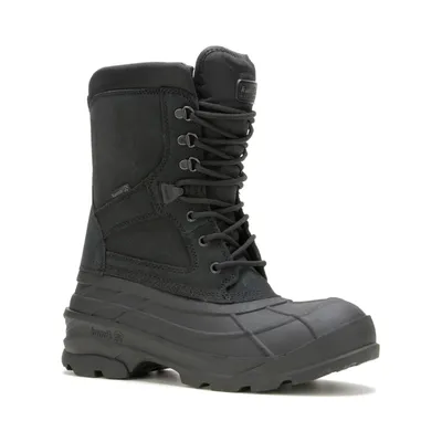 A black winter boot is shown against a white background.