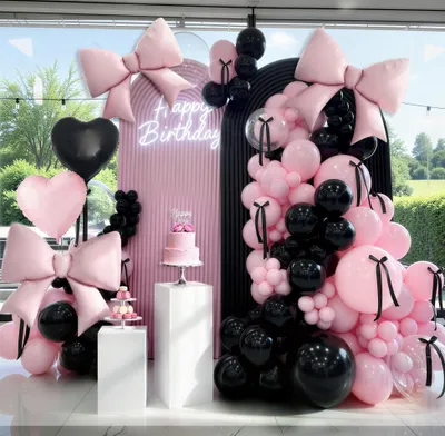 Immagine prodotto di 158 palloncini - Rosa/Neri - Palloncini in foil - Decorazioni per compleanni - Decorazioni per feste di nascita - Include accessori per il montaggio - Decorazioni per feste