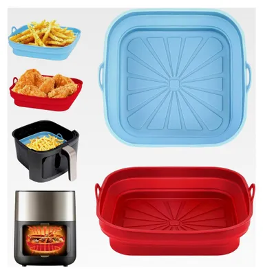 Produktbild von Silikonform für Heißluftfritteuse, 2 Stück, wiederverwendbare Silikoneinsätze, quadratische Silikonmatte für Air Fryer, Mikrowelle, Ofen (Rot + Himmelblau)