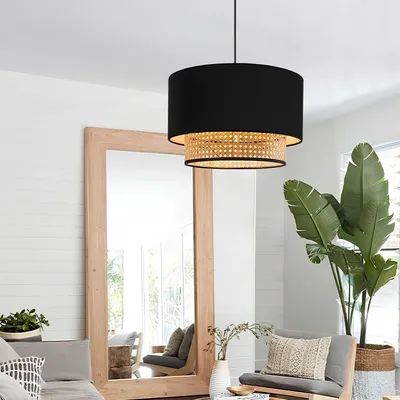 Image de Opviq, suspension moderne noire, 50 % tissu / 50 % rotin, douille E27, LED max. 15 W, diamètre 30 cm, hauteur 80 cm, design scandinave, élégante et fonctionnelle.