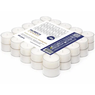 Produktbild von Horeca Candles 50 Theelichter Premium Set – 8h Brenndauer – Unparfümiert – Weiße Teelichter mit Kunststoffhülle – Transparente Hülle